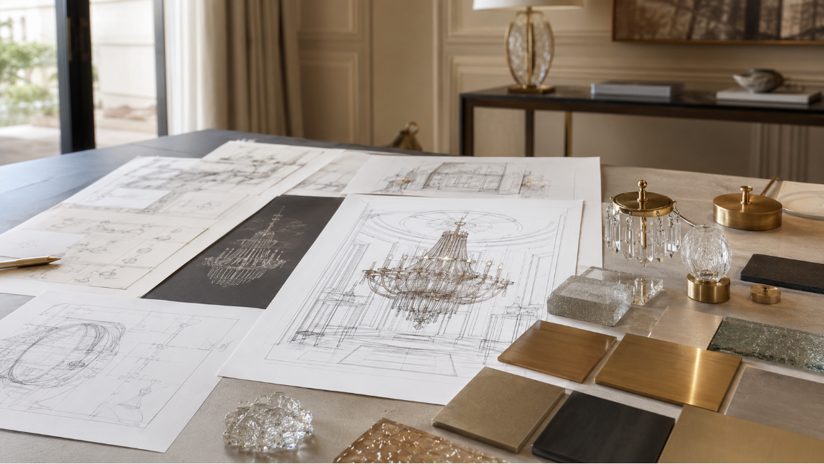 Custom light fixture material samples and project drawings for hotel lighting.png