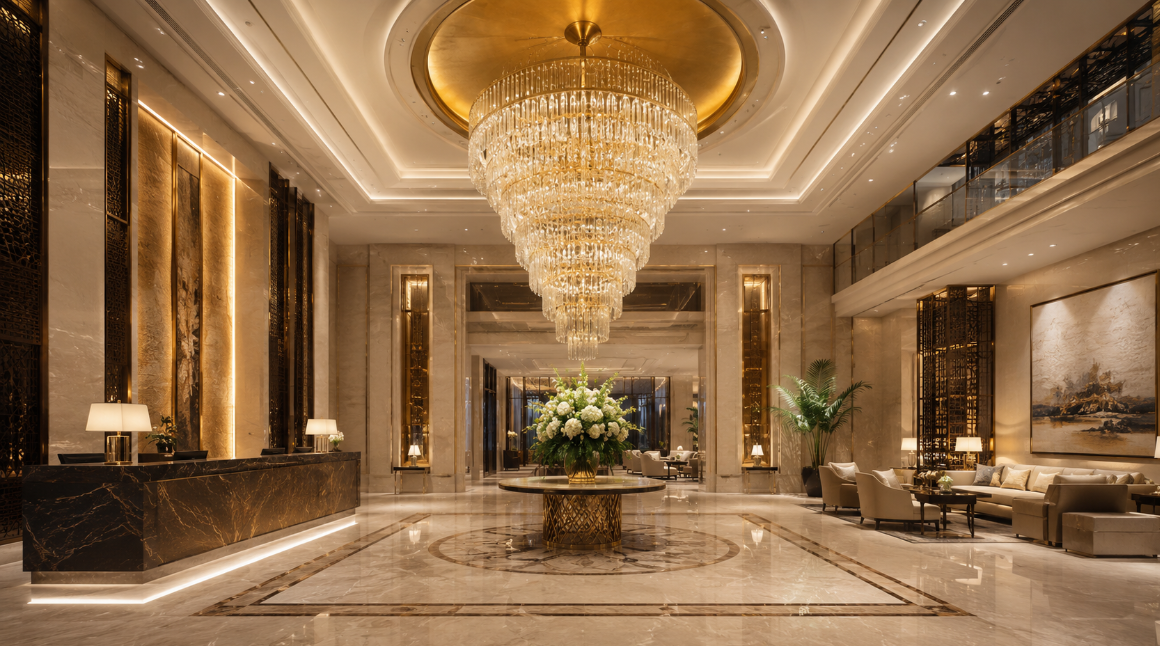 Hotel lobby chandelier hanging height in a high ceiling space.png