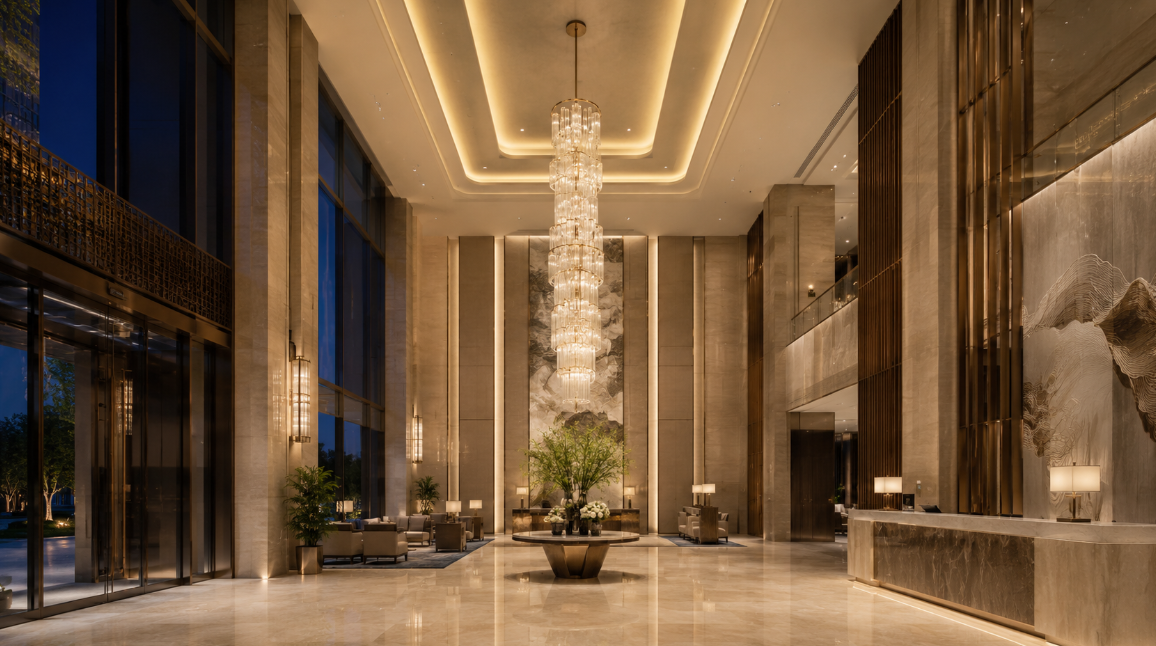 Hotel lobby chandelier size matched to lobby proportion.png