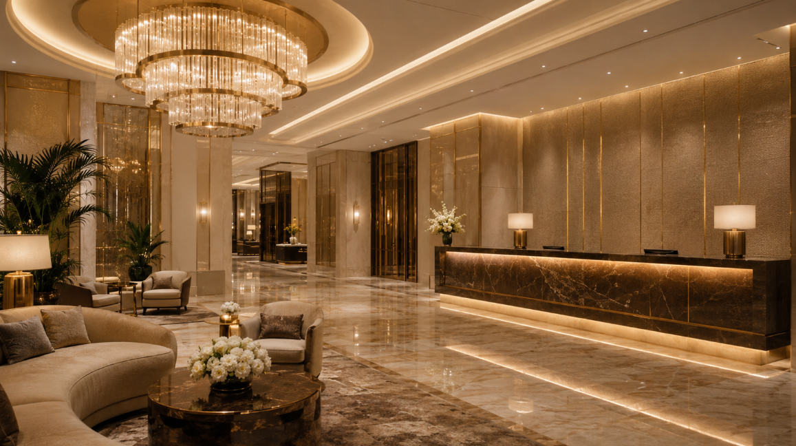 Public space lighting for hotel lobby and reception area.png