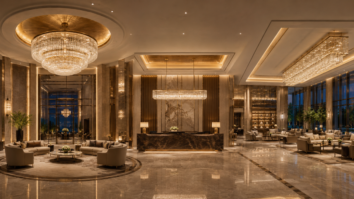 Round linear and rectangular chandeliers for hotel lobby layouts.png