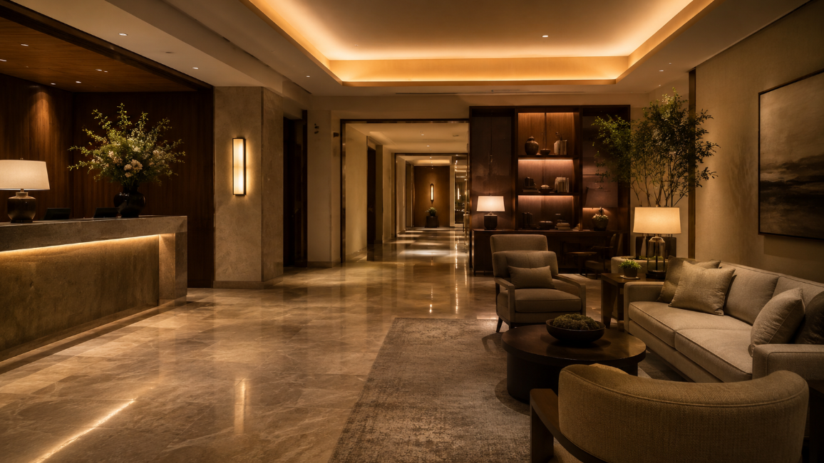 Diffused lighting fixtures and layered hotel lobby lighting ambience.png