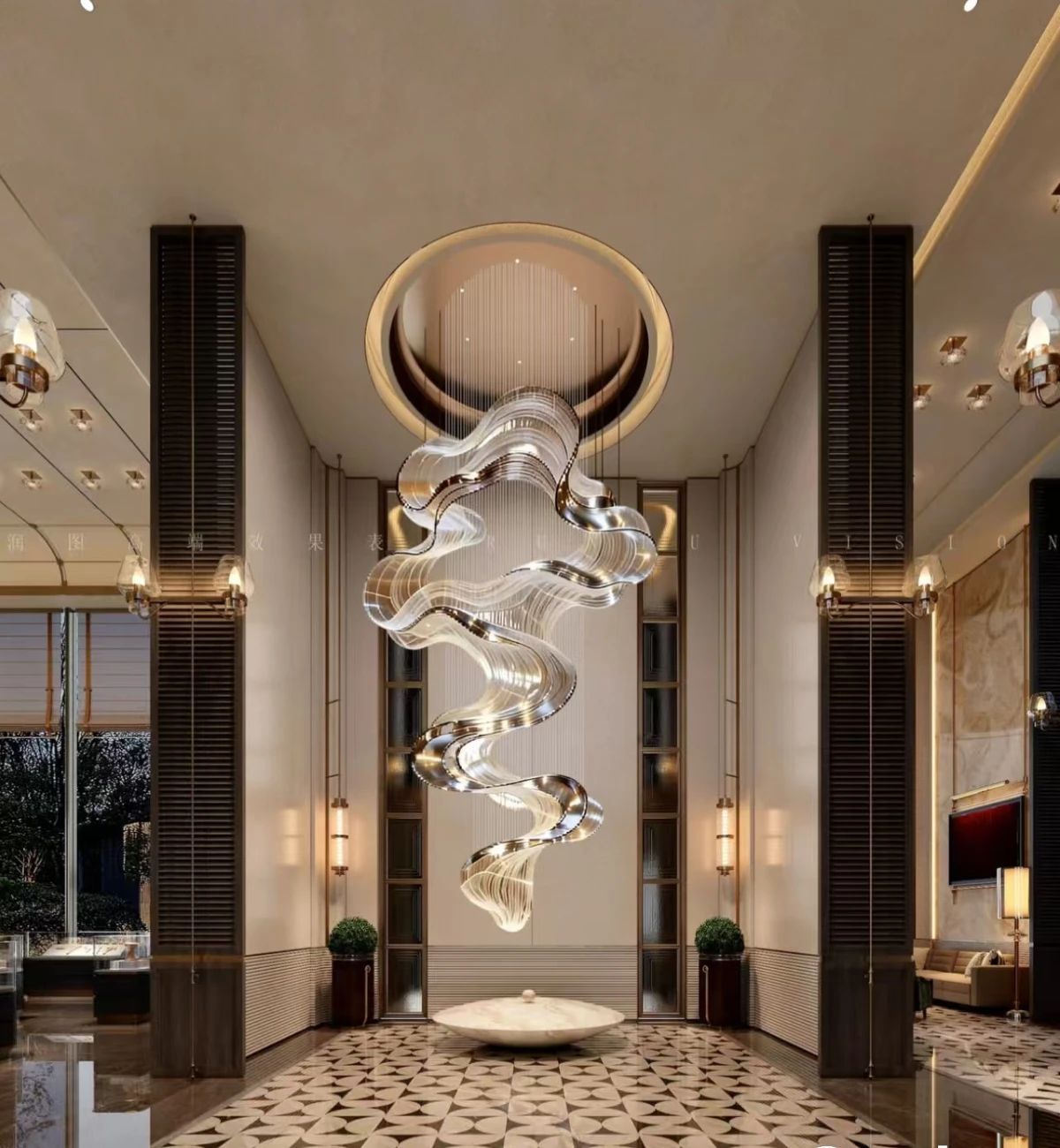 Flowing Cloud Light Ribbon Chandelier for Hotel Entrance Hall Flowing Cloud Light Ribbon Chandelier for Hotel Entrance Hall