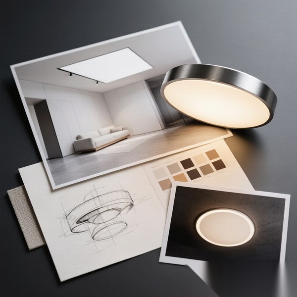 Lighting design references including interior rendering, 3D close-up, sketch and photo