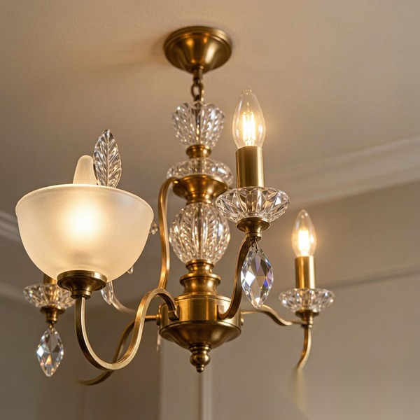 Close-up of a bespoke chandelier in brass, glass and crystal with soft glow