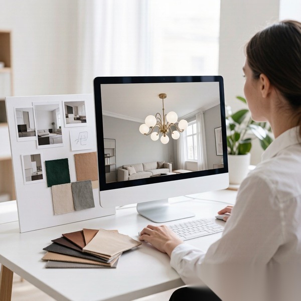 Designer reviewing a chandelier 3D rendering on screen with a mood board