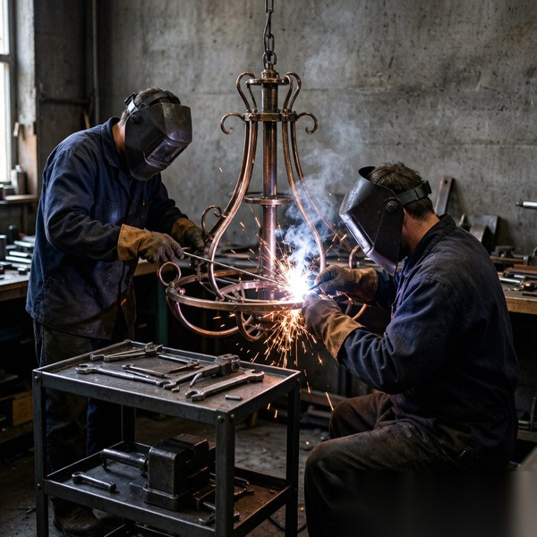 Metalworkers welding and assembling a chandelier frame in a workshop