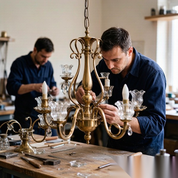 Cuslux artisans handcrafting and assembling a custom chandelier