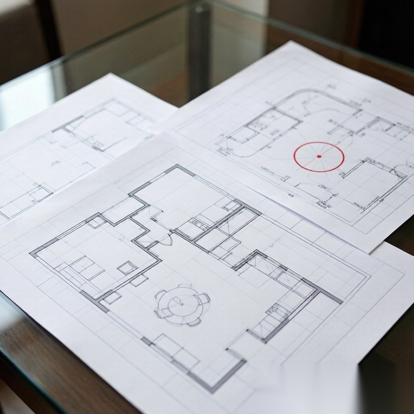 Floor plan and reflected ceiling plan marking the chandelier location