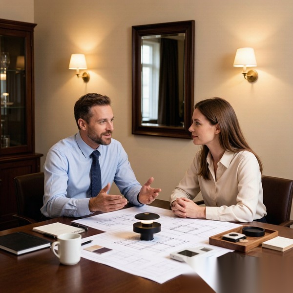 Lighting consultant discussing a custom lighting project with a client
