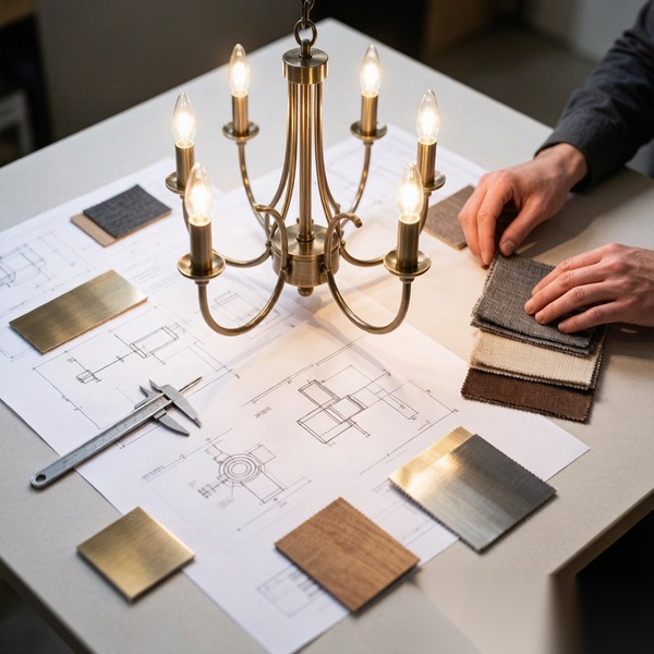 Shop drawings and material finish samples for a custom chandelier