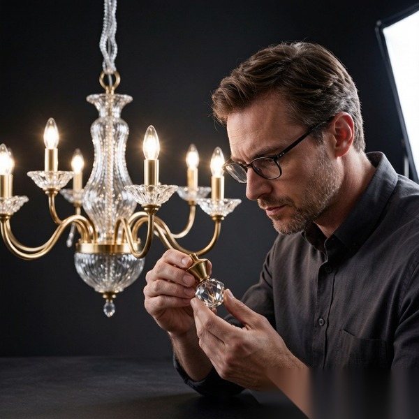 Designer inspecting a physical finish sample of a chandelier