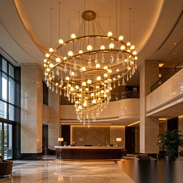 Finished custom chandelier installed in a luxury hotel lobby