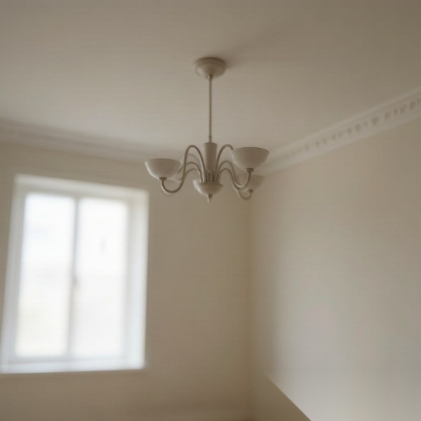 Small unclear chandelier in a wide interior photo with no visible detail