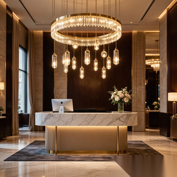 Elegant pendant lighting above a luxury hotel reception desk