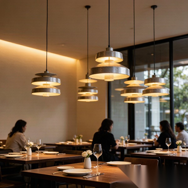 Modern pendant lights correctly sized above restaurant dining tables