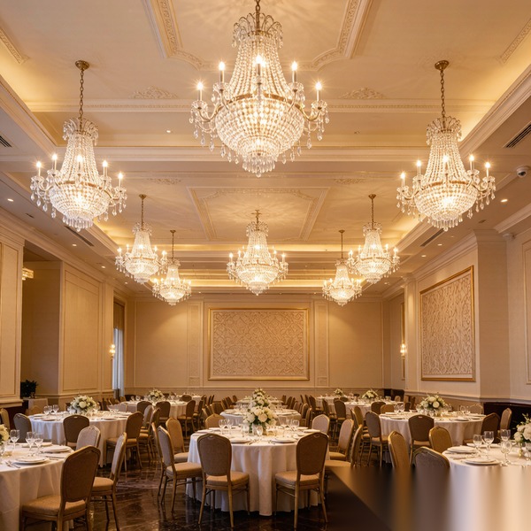 Multiple chandeliers hung at appropriate height in a grand banquet hall