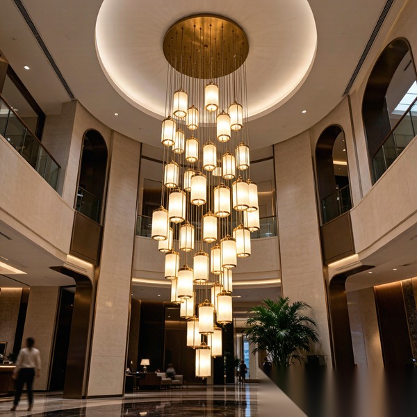 Large custom chandelier in a luxury double-height hotel lobby atrium