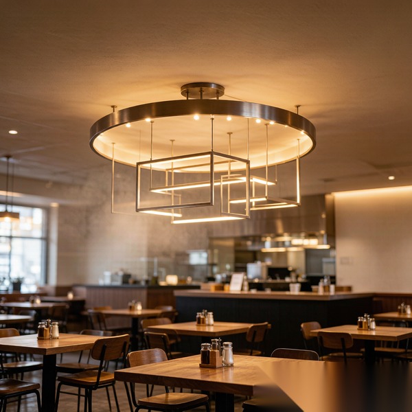 Wide shallow custom lighting in a low-ceiling commercial space