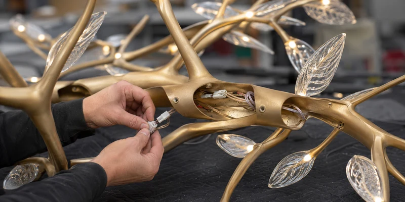 Hidden wiring and LED integration inside a complex custom light fixture