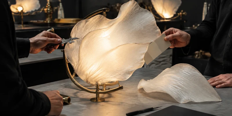 Physical sample for approving the glass, finish and light effect of a bespoke chandelier