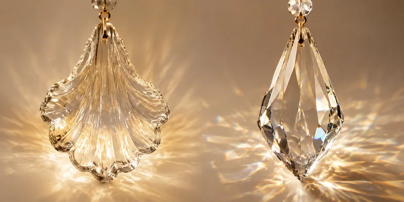 Close-up comparison of decorative glass and faceted crystal chandelier components