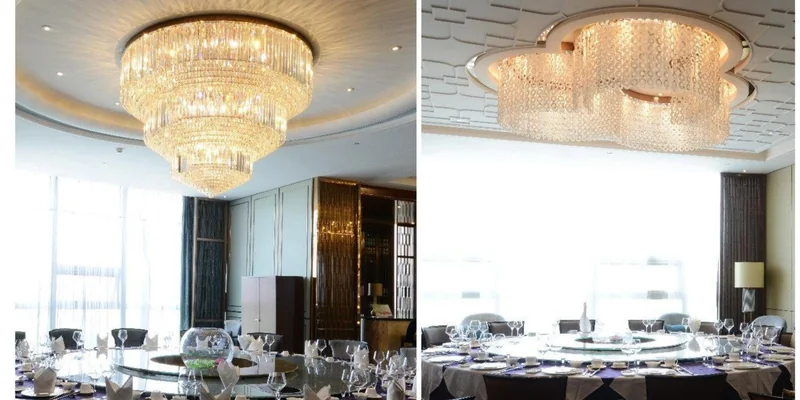 Crystal chandeliers adding sparkle and formal character to hotel dining interiors