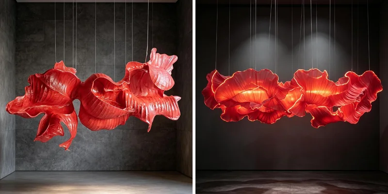 Red sculptural glass chandelier shown lit and unlit for an artistic hotel interior