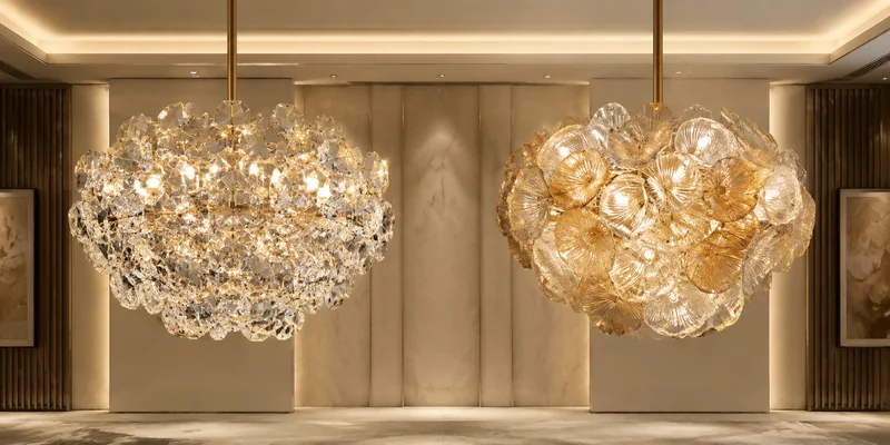 Side-by-side hotel chandelier modules showing crystal sparkle and sculptural glass depth