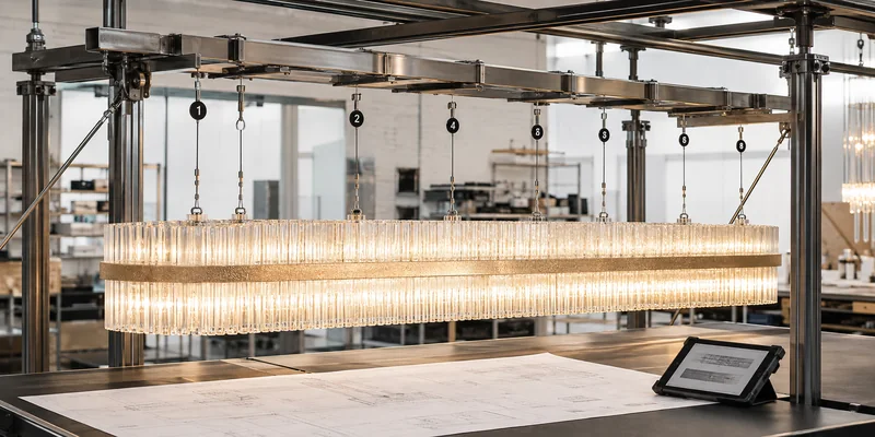 Custom chandelier suspension points and support frame reviewed before installation