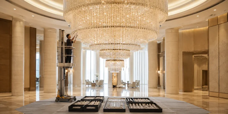 Technician maintaining a hotel crystal chandelier with protected replacement components