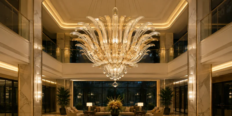 Mixed glass and crystal chandelier with controlled sparkle in a luxury hotel lobby
