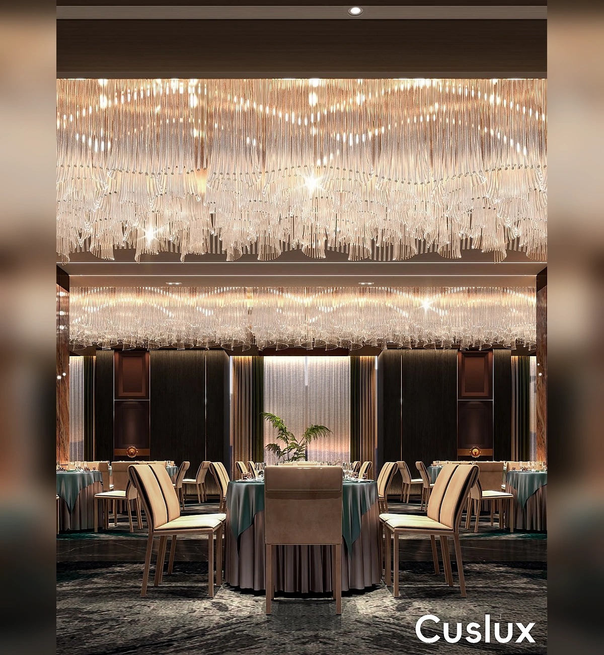 linear chandelier with cascading crystal fringe design.webp