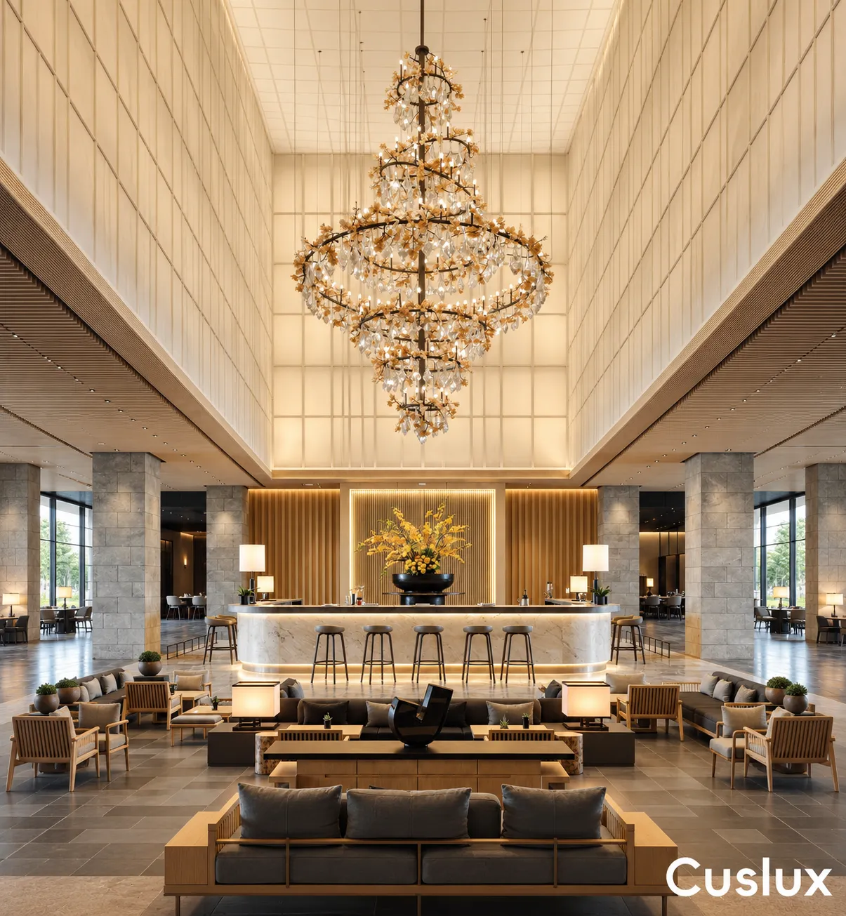 1792466528630039.webp Large hotel lobby chandelier with suspended crystal rings.webp