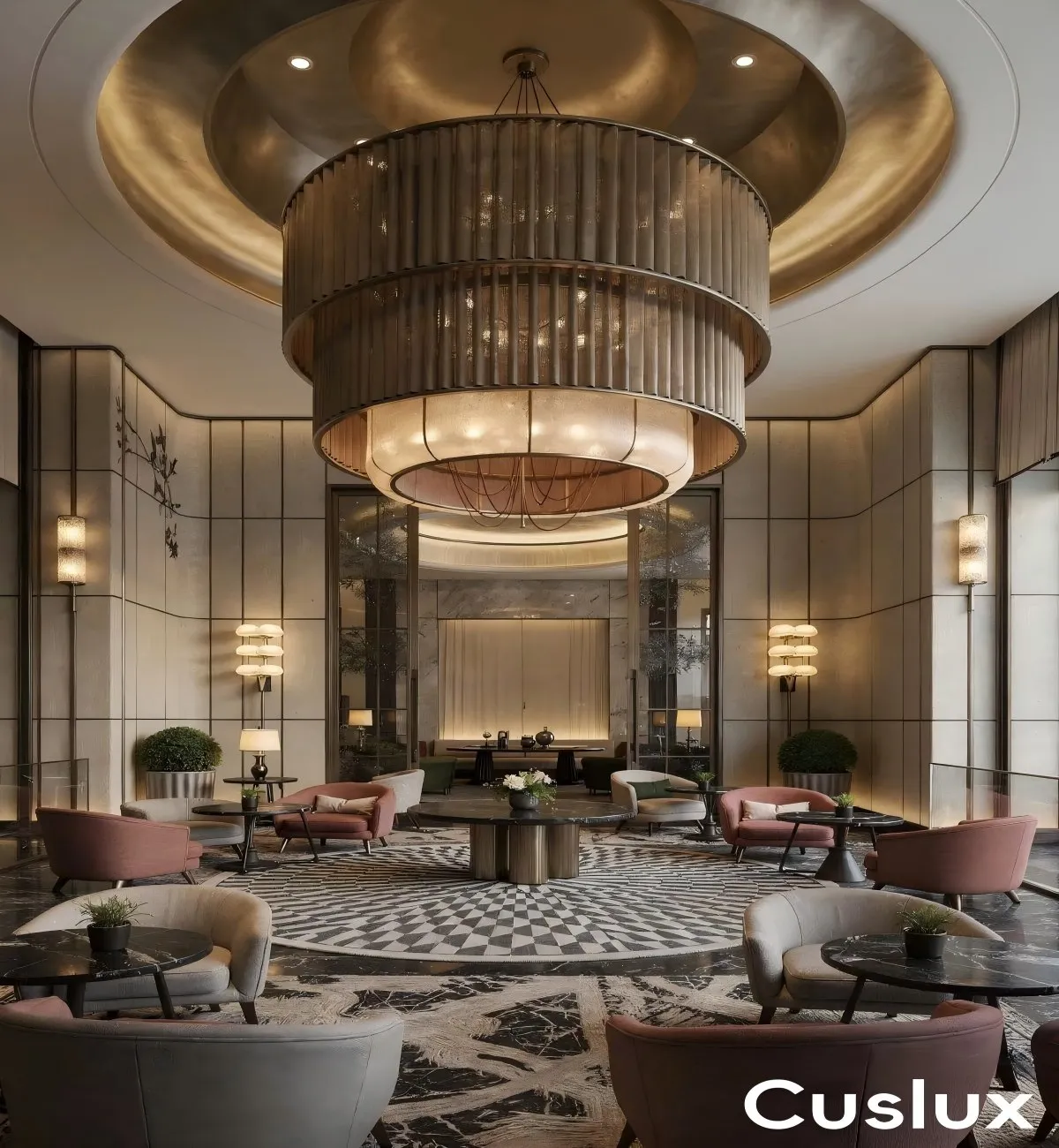 Double-layer concentric cylindrical chandelier with vertical metal grilles.webp