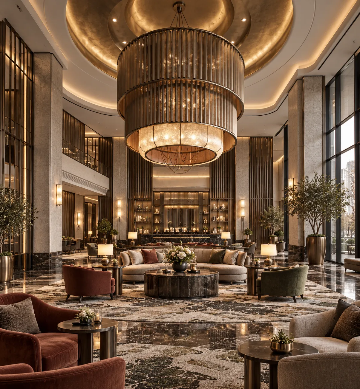 Large cylindrical artistic chandelier above a luxury hotel reception area.webp