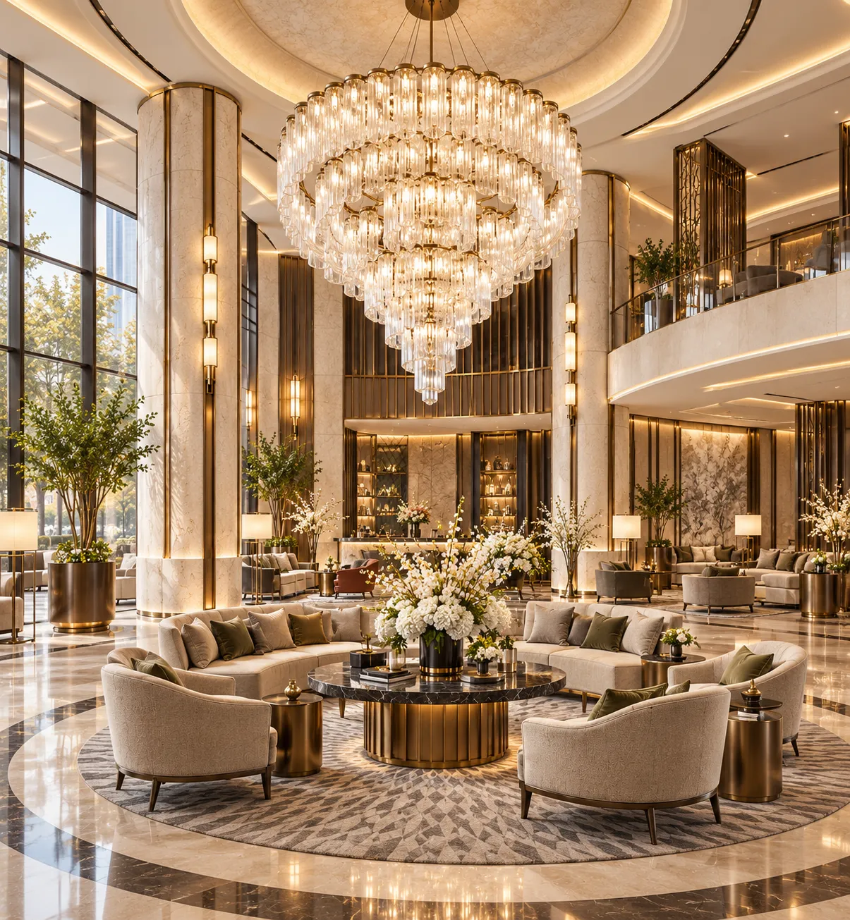 1792467817322836.webp Large crystal chandelier suspended above a luxury hotel lobby.webp