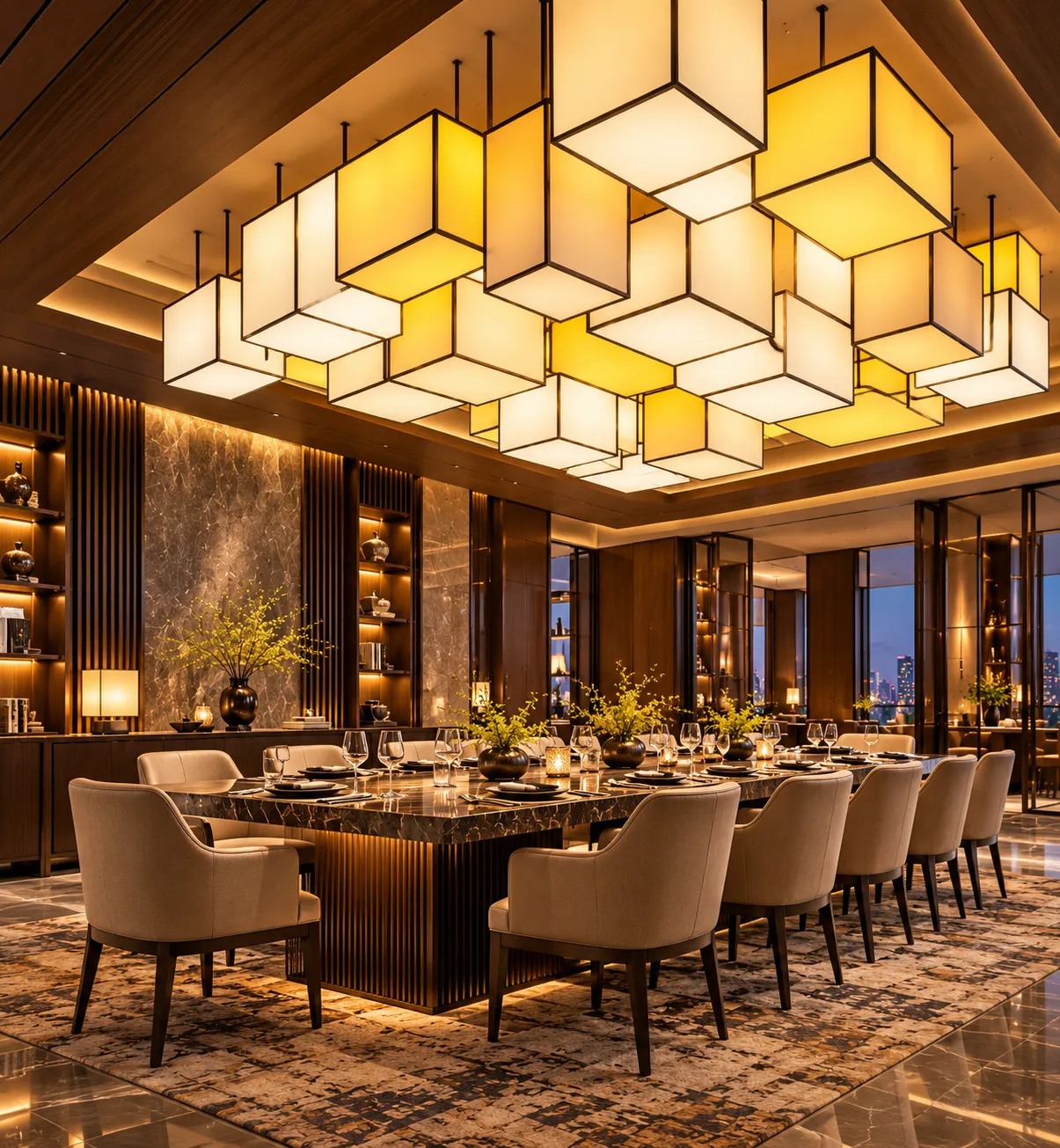 Soft diffused lighting from stacked cube pendant lights.webp